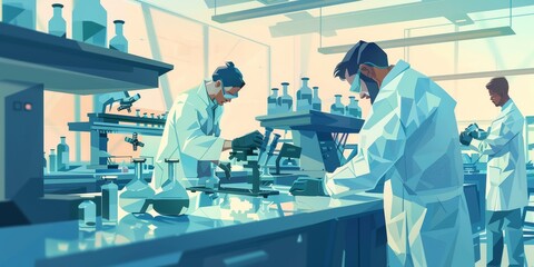 Wall Mural - detailed illustration of pharmaceutical researchers in a lab environment, working on drug formulatio
