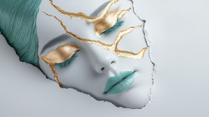 Sticker - Woman s Face with Gold and Green Makeup  Abstract Art