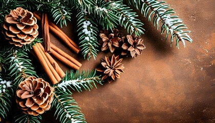 Charming rustic Christmas arrangement featuring pine cones, cinnamon sticks, and evergreen branches on a warm brown backdrop