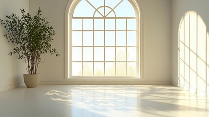 Canvas Print - Sunlight Streaming Through Arched Window in Modern Room with Plant