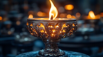 Wall Mural - A single burning candle in a ornate silver holder, surrounded by other candles, creating a warm and inviting atmosphere.