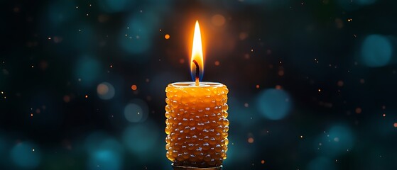 A single burning candle with a blue bokeh background.