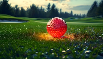 Wall Mural - Vibrant red ball soaring through lush green golf course with ample space for creative expression on the right