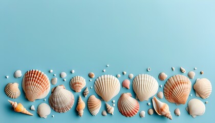 Wall Mural - Seashell Border Embracing a Light Blue Canvas Reflecting Summer Vibes, Beach Life, and Ocean Adventures