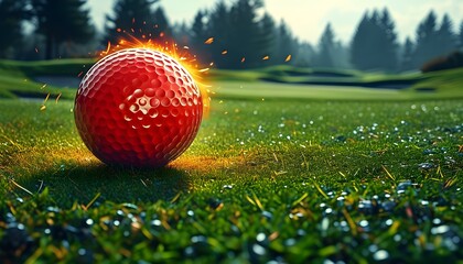 Wall Mural - Vibrant red ball soaring through lush green golf course with ample space for creative expression on the right