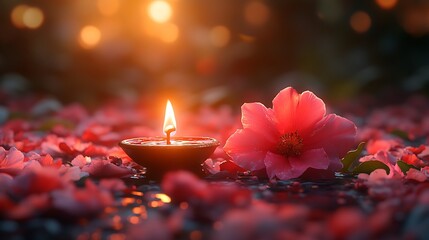 Wall Mural - A single lit candle sits on a bed of pink flower petals with a blurry sunset background.