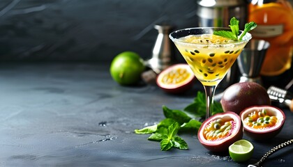 Tropical Passion Fruit Martini with Zesty Lime Accents and Elegant Bar Tools for a Refreshing Cocktail Experience