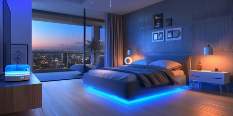 Poster - A stylish modern smart home bedroom with interconnected devices such as smart lighting, an intelligent climate system, and a voice assistant, all controlled from a central hub