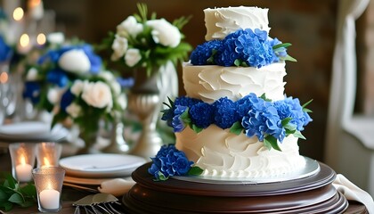 Chic Wedding Cake Embellished with Delicate Blue Flowers