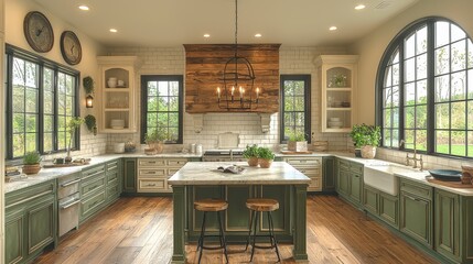 Sticker - Farmhouse Kitchen Interior with Green Cabinets  White Tile  Wooden Beams  Island  and Windows