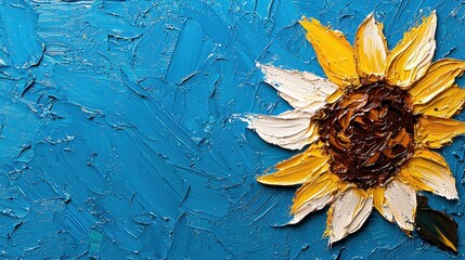 Canvas Print - Oil Painting Close Up of Sunflower on Blue Background