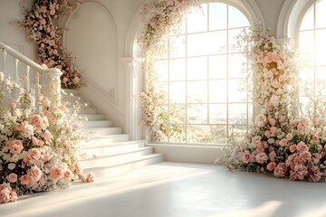 Wall Mural - Beautiful wedding backdrop with flowers and staircase generative AI