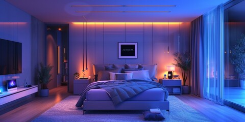 Poster - A stylish modern smart home bedroom with interconnected devices such as smart lighting, an intelligent climate system, and a voice assistant, all controlled from a central hub
