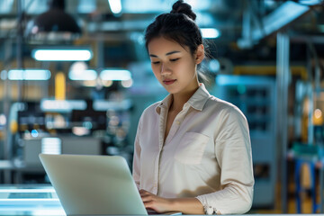 A focused professional woman works on a laptop in a modern industrial setting, illuminated by soft, ambient lighting.