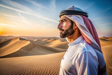 A man wearing a white shirt and a red and white scarf stands in a desert