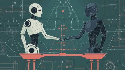 Wall Mural - Two robots are shaking hands on a table