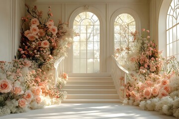 Wall Mural - Beautiful wedding backdrop with flowers and staircase generative AI