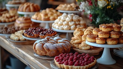 A table laden with an assortment of pastries, cakes, and tarts, including a berry tart, a bundt cake, and cream puffs.