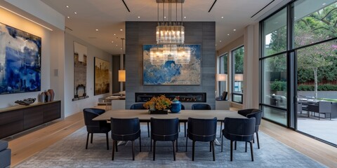Poster - A smart home dining room with automated lighting, smart temperature control, and interconnected devices, all managed through a sleek, wall-mounted control panel