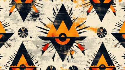 Canvas Print - Abstract Geometric Pattern with Black  Orange  and White Triangles and Circles on Grunge Background