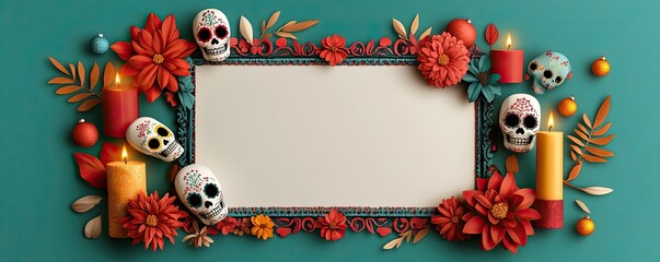 A vibrant floral frame adorned with colorful candles and decorative skulls, set against a teal background, perfect for celebrating Día de los Muertos.