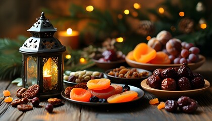 Colorful festive lights illuminating a backdrop of vibrant dried fruits