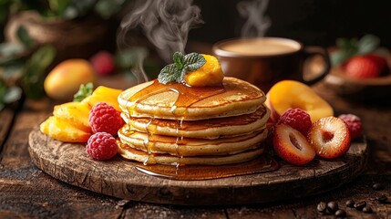 Delicious Pancakes with Syrup and Fresh Fruit