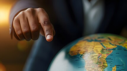 Wall Mural - Businessman pointing Africa on earth globe map with index finger