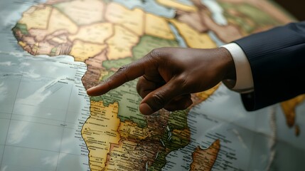 Wall Mural - Businessman pointing Africa on earth globe map with index finger