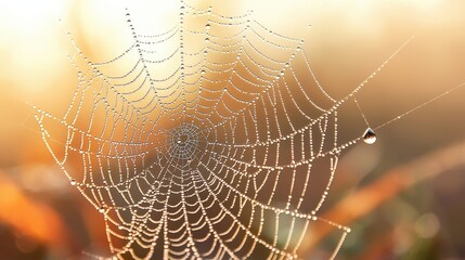 Canvas Print - Dew Drops on Spider Web in Golden Light