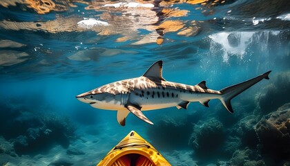 Wall Mural - Kayaker blissfully unaware of lurking sharks beneath the surface