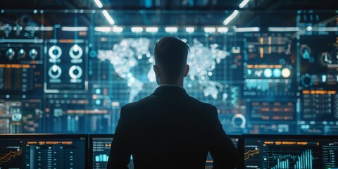 Image of a professional examining security policies with a backdrop of cybersecurity elements like padlocks, firewalls, and encryption charts in a high-tech office environment