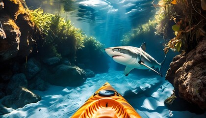 Wall Mural - Kayaker blissfully unaware of lurking sharks beneath the surface