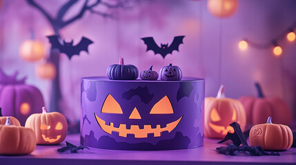 Halloween mystery podium pumpkin product platform scene. Background purple podium 3D render spooky fall, happy halloween mockup.