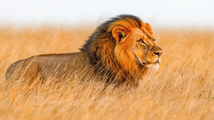 Sticker - Majestic Lion in Tall Grass During Rainfall