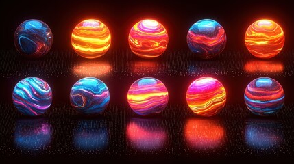 Canvas Print - Abstract Colorful Glowing Spheres on Black Background with Lights