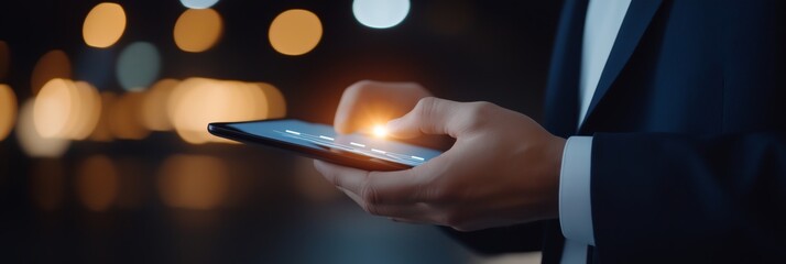 A person touching a glowing smartphone screen at night, showcasing modern technology in a sleek, professional setting.