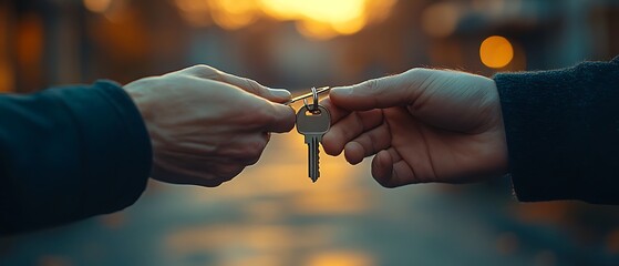 Wall Mural - Close up of two hands exchanging keys against a blurred background.