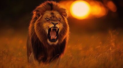 Sticker - Majestic Lion Roaring at Sunset in African Savanna