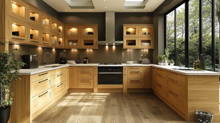 Sticker - Modern Wooden Kitchen Interior Design with Glass Cabinets and Stainless Steel Appliances