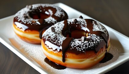 Irresistibly indulgent chocolate and powdered sugar glazed donuts, a sweet dessert delight