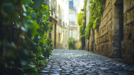 a narrow alleyway with ivy growing on the walls