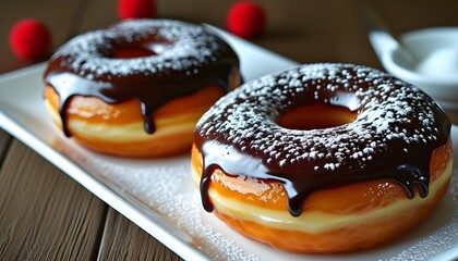 Irresistibly indulgent chocolate and powdered sugar glazed donuts, a sweet dessert delight