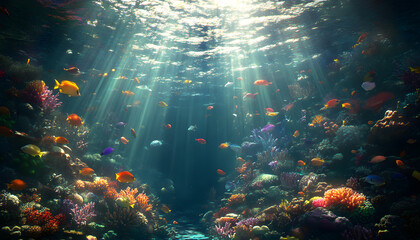 A dreamy underwater scene with schools of colorful fish, corals, and rays of sunlight penetrating through the water’s surface