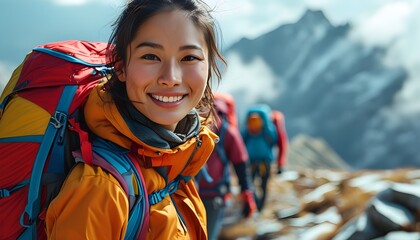 Wall Mural - Joyful girl hiker in mountain gear with backpack, accompanied by a group of fellow adventurers trekking through scenic landscapes