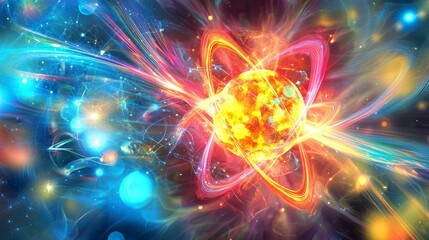 Illuminated Atom: Abstract Nuclear Fission Art with Colorful Energy Swirls