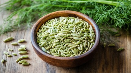 a bowl of fennel seed on a wooden surface