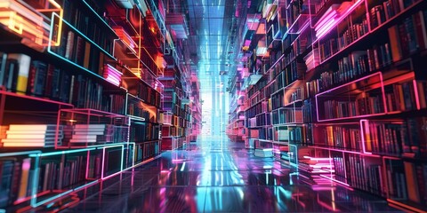 Virtual bookshelf with a range of digital books organized in a 3D grid, surrounded by a high-tech environment and interactive features, with vibrant lighting effects