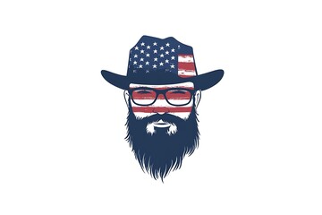 Wall Mural - American-style character with a beard, glasses, mustache and glasses. logo on a white background