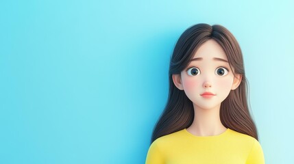 Canvas Print - Vibrant 3D render features a young Asian woman in a yellow shirt, her thoughtful expression shining against a light backdrop.